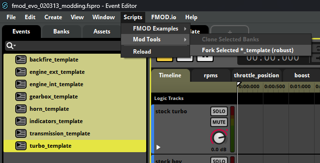 FMOD 模组项目工作区 — 带 template 后缀的 Event 列表