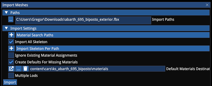 Skeletal mesh import